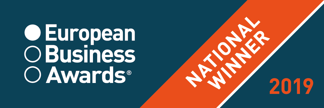 European Business Awards 2019 -kilpailun National Winner -tunnus, joka on myönnetty kilpailun kansallisille voittajille.