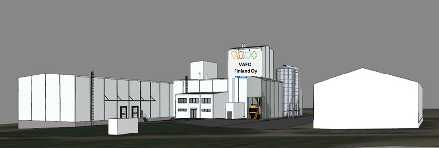 Havainnekuva Vafo Finlandin uudesta tehtaasta, jossa on iso tuotantolaitos, logistiikkakeskus sekä toimistotiloja.